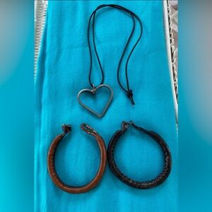 Heart Pendant Necklace and Leather Bracelets Set